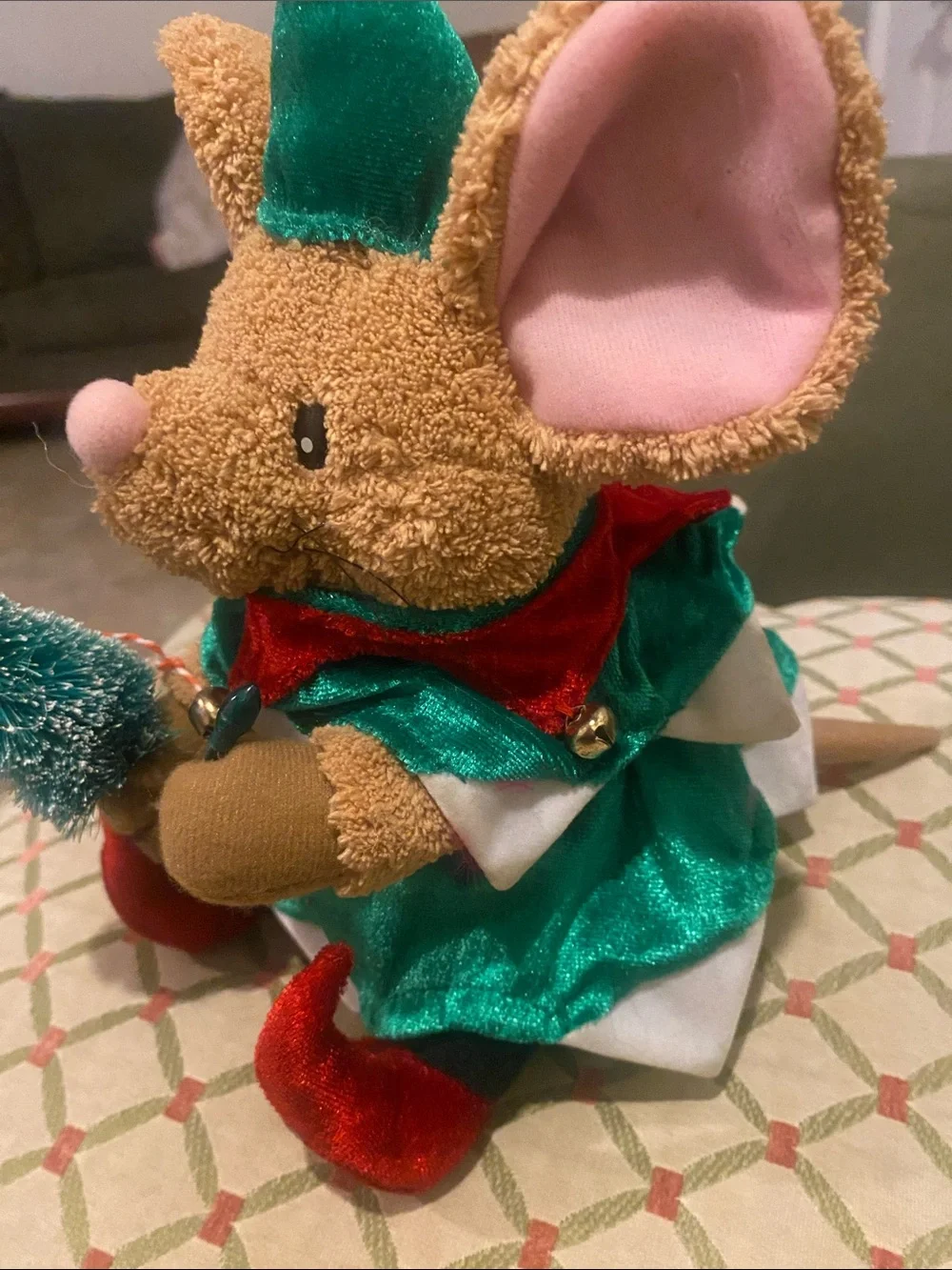 Plush Holiday Elf Mouse Small Pet Toy in Brown and Green